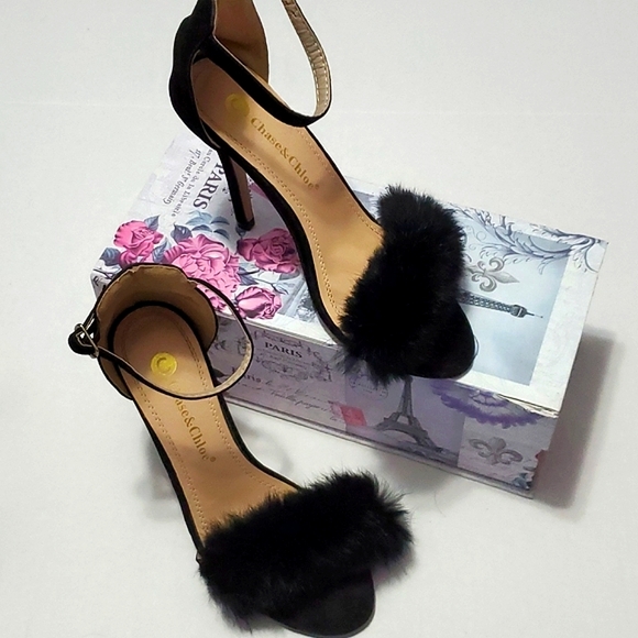 Chase + Chloe Shoes - Chase & Chloe Edward Black Fluffy Fuzzy Party Evening Heels 7